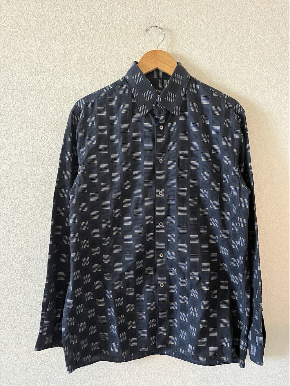Canali Italy Mens Blue Geometric Pattern Long Sleeve Shirt L